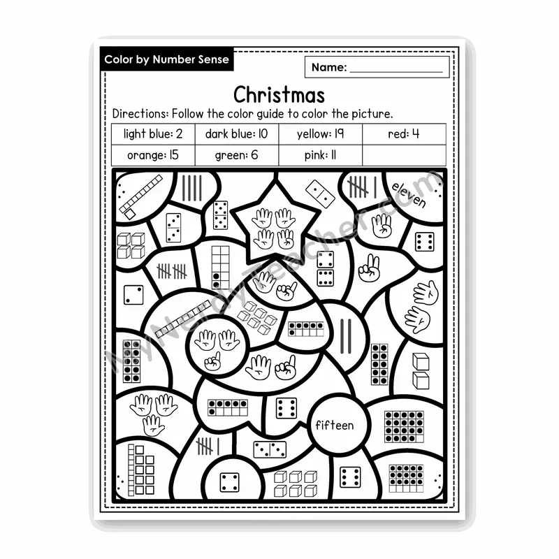Christmas Color by Number Sense — Numbers to 20 Worksheet (Set 9)