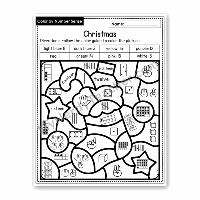 Christmas Color by Number Sense — Numbers to 20 Worksheet (Set 8)
