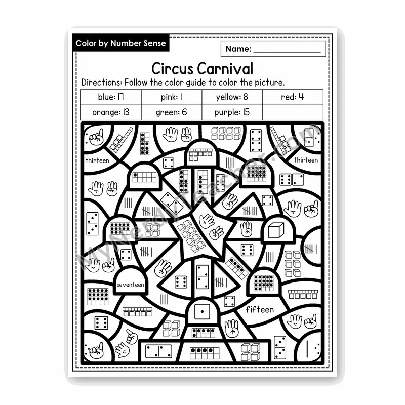 Circus Carnival Color by Number Sense — Numbers to 20 Worksheet (Set 3)