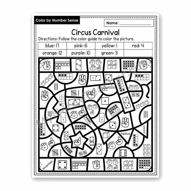 Circus Carnival Color by Number Sense — Numbers to 20 Worksheet (Set 7)