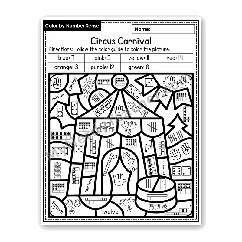 Circus Carnival Color by Number Sense — Numbers to 20 Worksheet (Set 8)