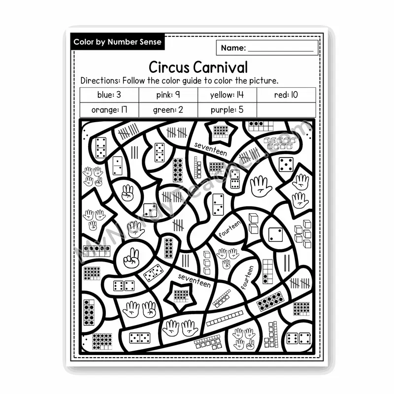 Circus Carnival Color by Number Sense — Numbers to 20 Worksheet (Set 4)