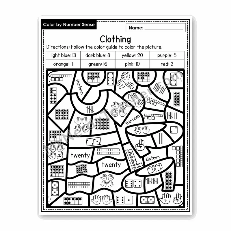 Clothing Color by Number Sense — Numbers to 20 Worksheet (Set 2)