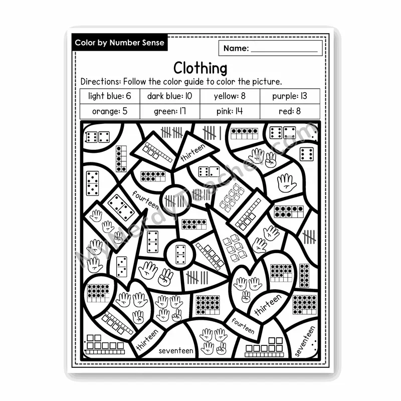 Clothing Color by Number Sense — Numbers to 20 Worksheet (Set 4)
