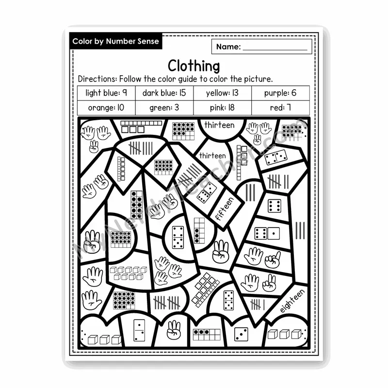 Clothing Color by Number Sense — Numbers to 20 Worksheet (Set 1)