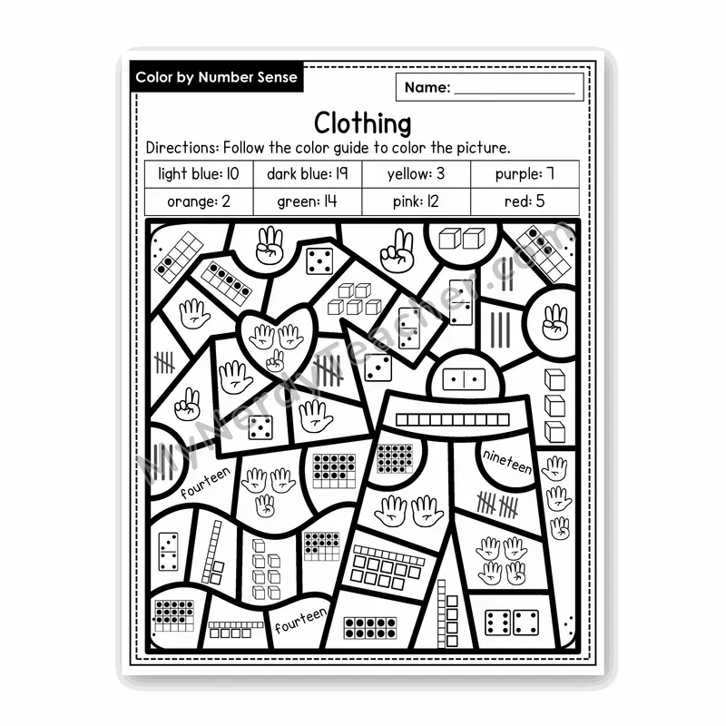 Clothing Color by Number Sense — Numbers to 20 Worksheet (Set 5)