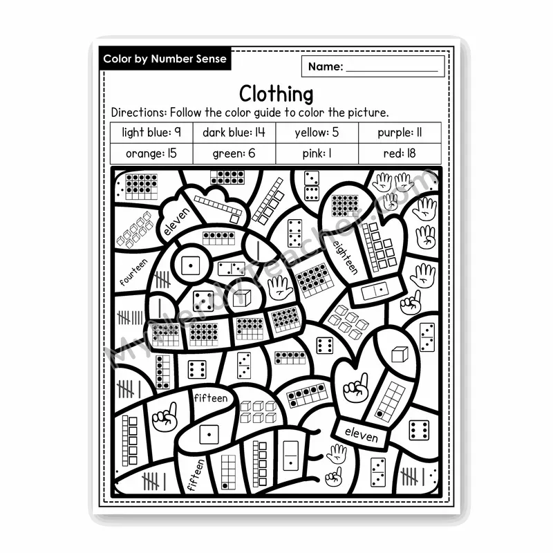 Clothing Color by Number Sense — Numbers to 20 Worksheet (Set 3)