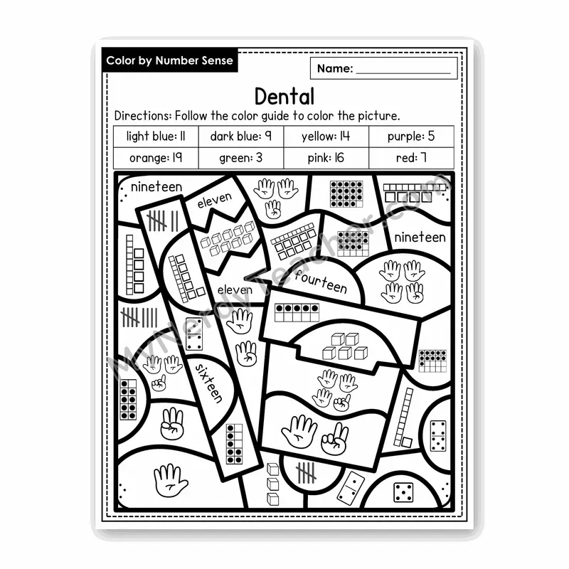 Dental Color by Number Sense — Numbers to 20 Worksheet (Set 2)