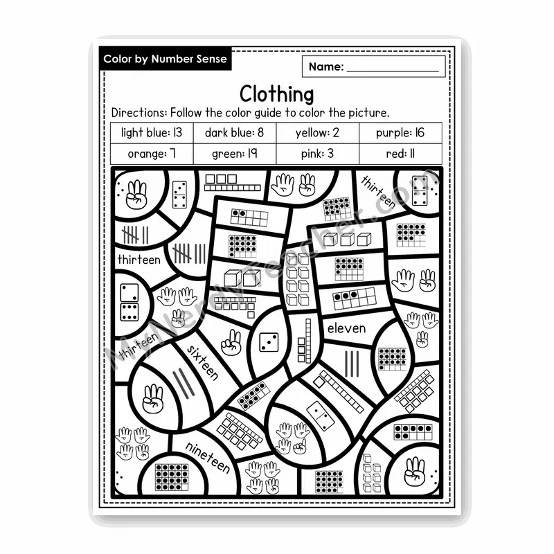 Clothing Color by Number Sense — Numbers to 20 Worksheet (Set 7)