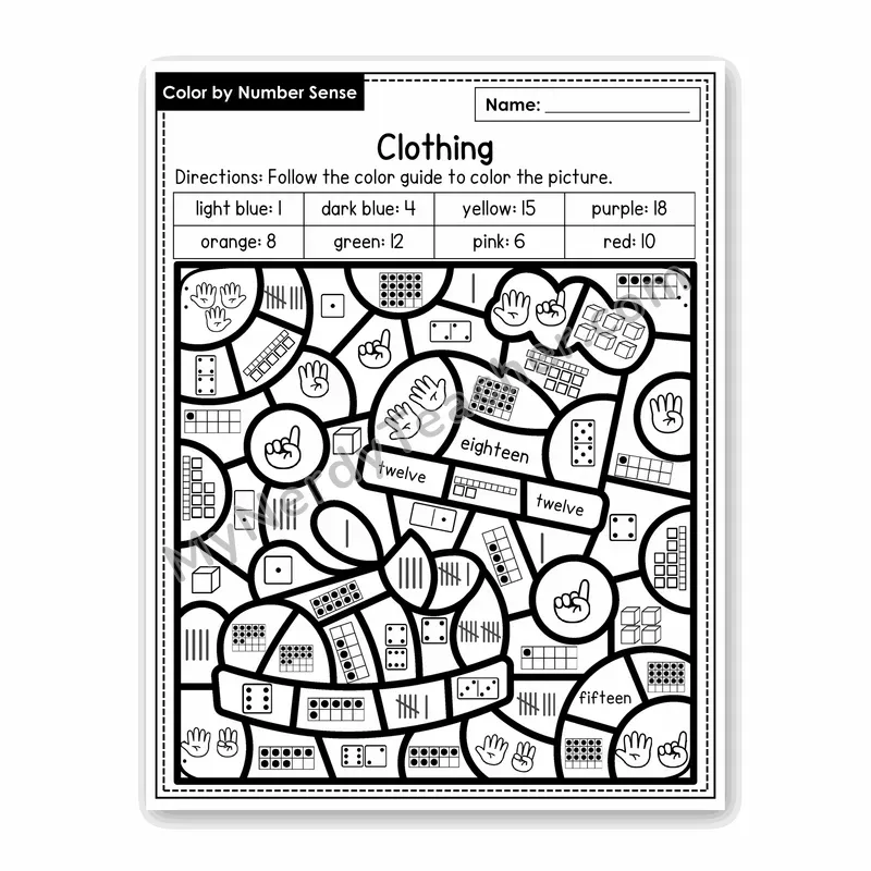 Clothing Color by Number Sense — Numbers to 20 Worksheet (Set 6)