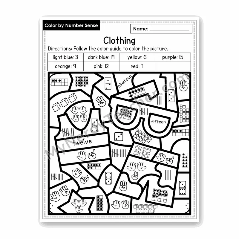 Clothing Color by Number Sense — Numbers to 20 Worksheet (Set 8)