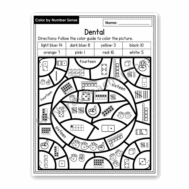 Dental Color by Number Sense — Numbers to 20 Worksheet (Set 6)