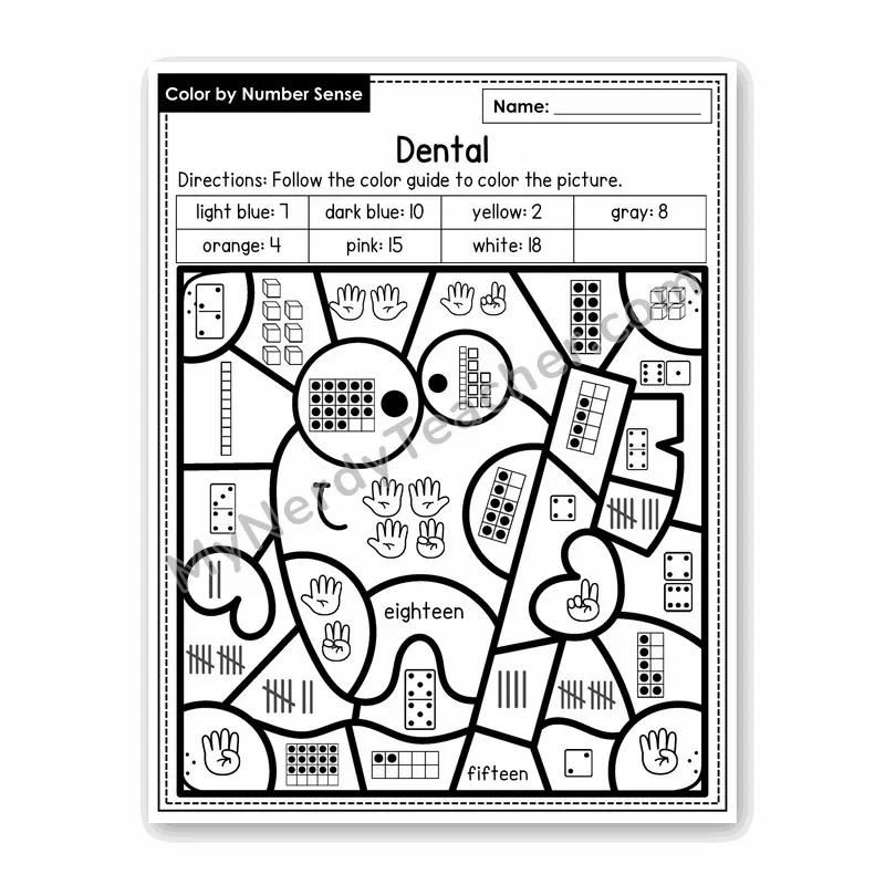 Dental Color by Number Sense — Numbers to 20 Worksheet (Set 4)