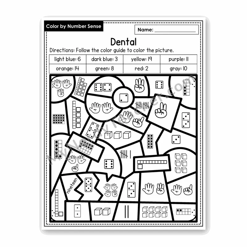 Dental Color by Number Sense — Numbers to 20 Worksheet (Set 7)