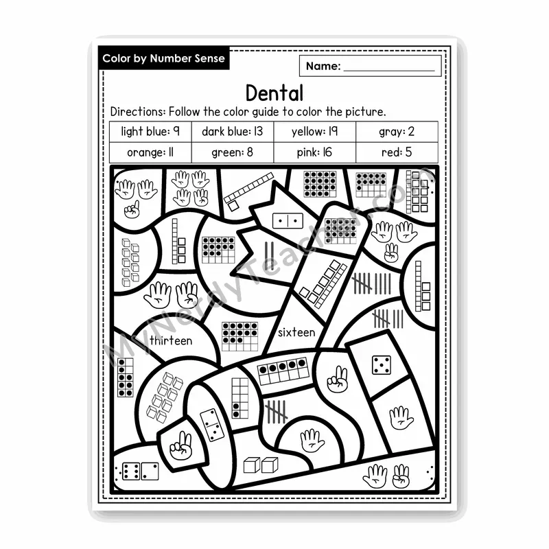 Dental Color by Number Sense — Numbers to 20 Worksheet (Set 5)