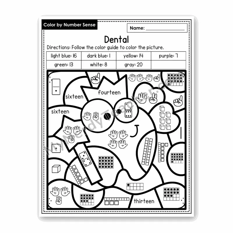Dental Color by Number Sense — Numbers to 20 Worksheet (Set 3)