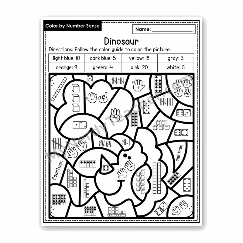 Dinosaur Color by Number Sense — Numbers to 20 Worksheet (Set 4)