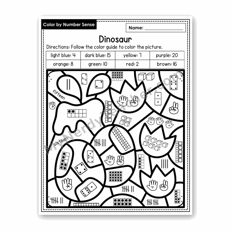 Dinosaur Color by Number Sense — Numbers to 20 Worksheet (Set 2)