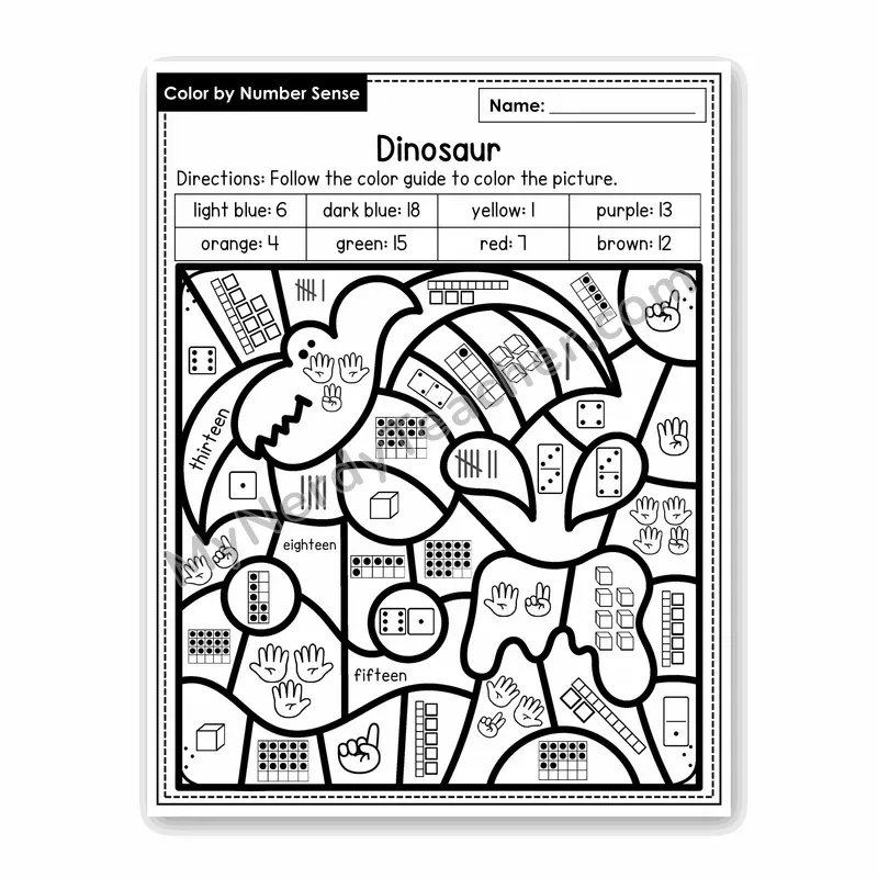 Dinosaur Color by Number Sense — Numbers to 20 Worksheet (Set 1)