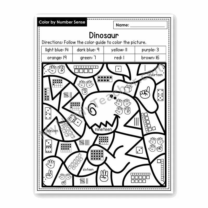 Dinosaur Color by Number Sense — Numbers to 20 Worksheet (Set 3)