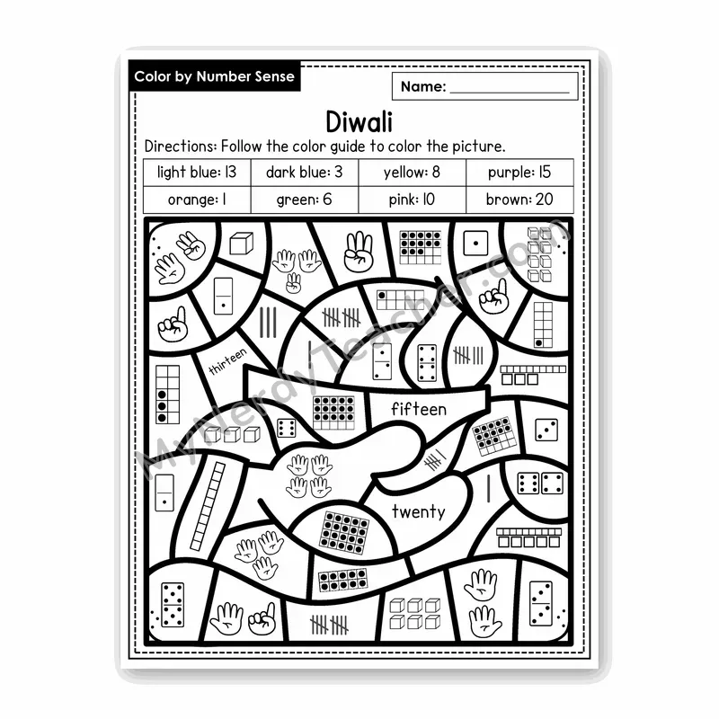 Diwali Color by Number Sense — Numbers to 20 Worksheet (Set 1)