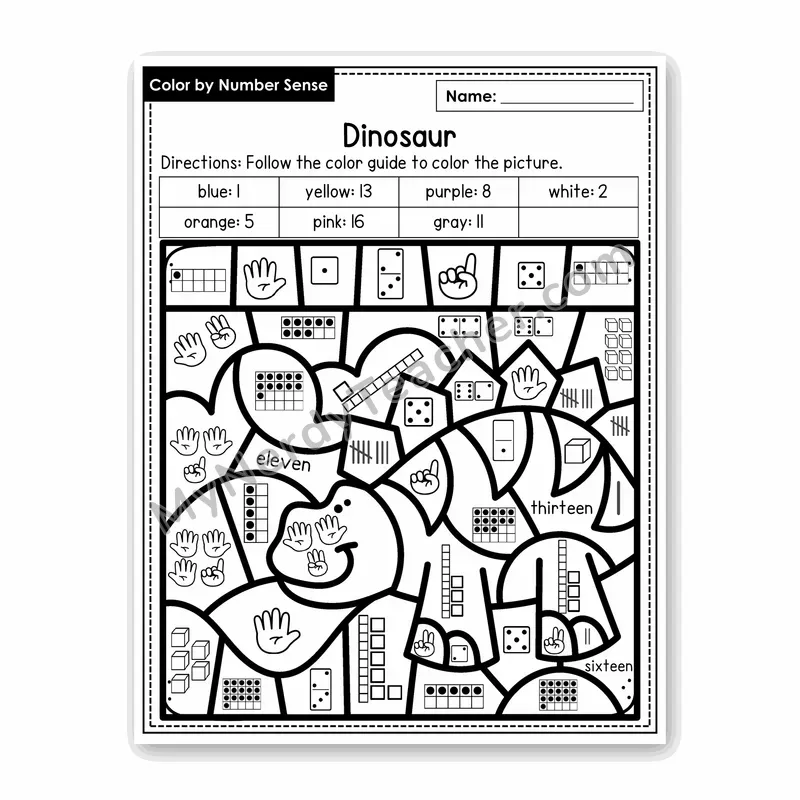 Dinosaur Color by Number Sense — Numbers to 20 Worksheet (Set 6)