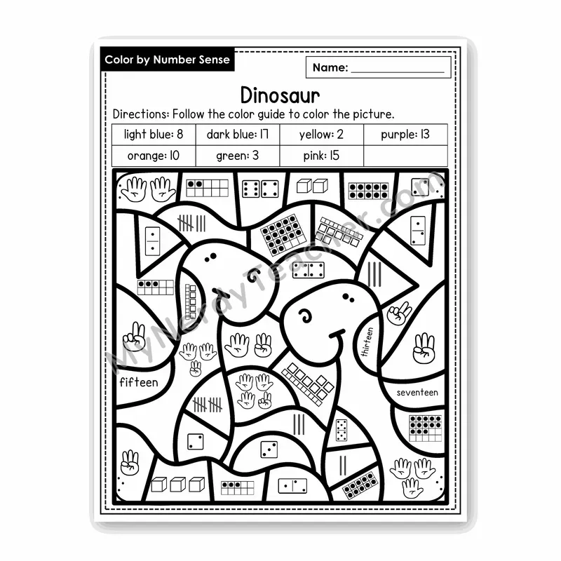 Dinosaur Color by Number Sense — Numbers to 20 Worksheet (Set 5)