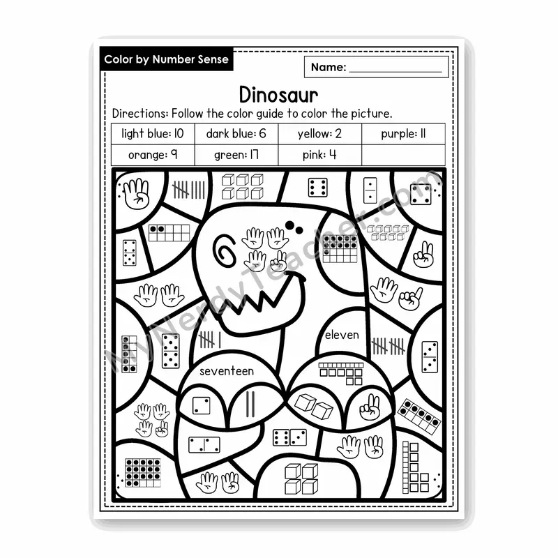 Dinosaur Color by Number Sense — Numbers to 20 Worksheet (Set 8)