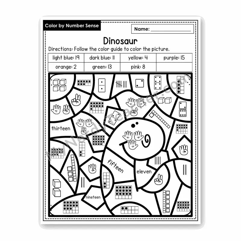 Dinosaur Color by Number Sense — Numbers to 20 Worksheet (Set 7)
