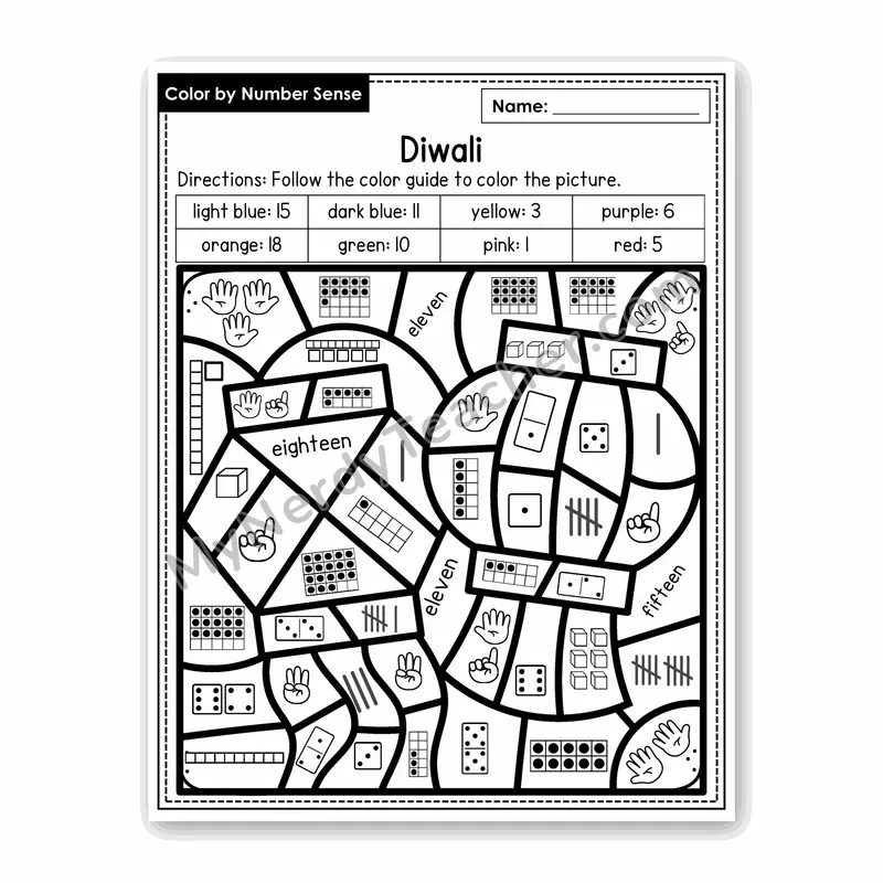 Diwali Color by Number Sense — Numbers to 20 Worksheet (Set 5)