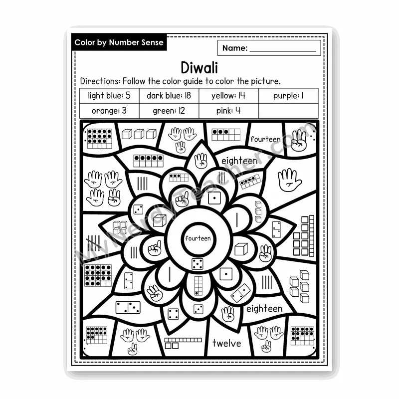 Diwali Color by Number Sense — Numbers to 20 Worksheet (Set 2)