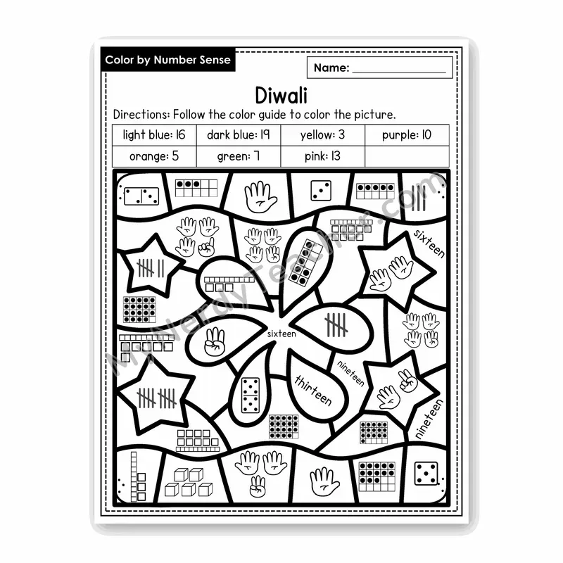 Diwali Color by Number Sense — Numbers to 20 Worksheet (Set 3)