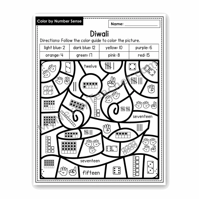 Diwali Color by Number Sense — Numbers to 20 Worksheet (Set 4)