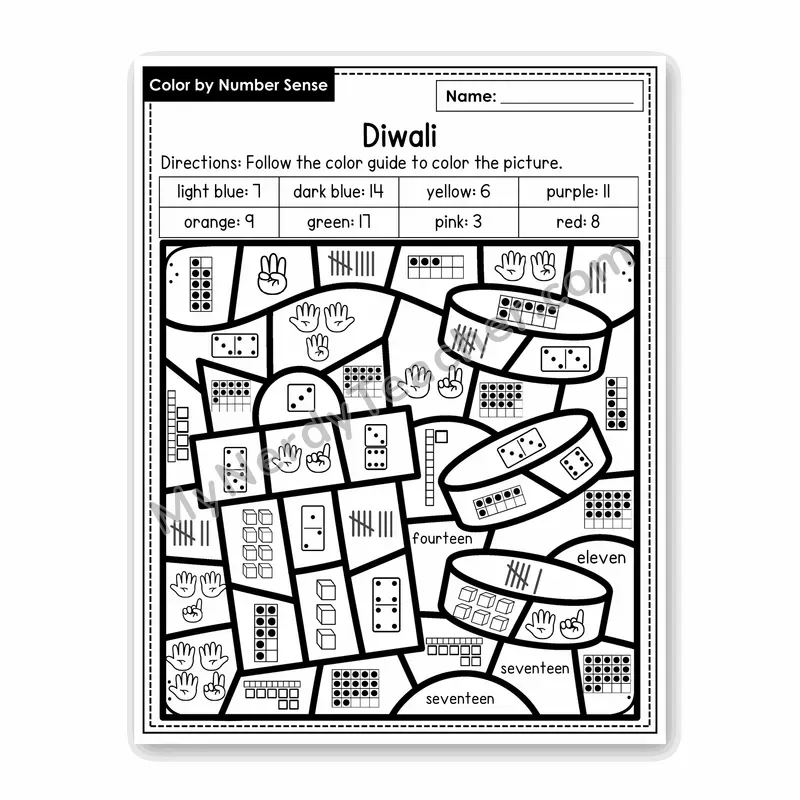 Diwali Color by Number Sense — Numbers to 20 Worksheet (Set 6)