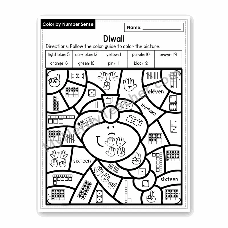 Diwali Color by Number Sense — Numbers to 20 Worksheet (Set 8)