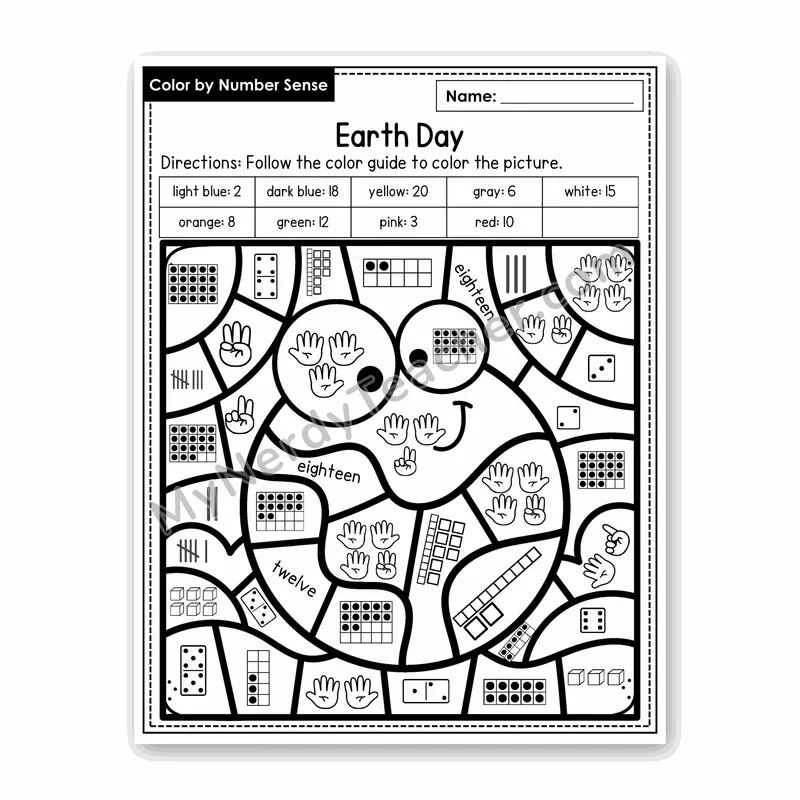 Earth Day Color by Number Sense — Numbers to 20 Worksheet (Set 1)