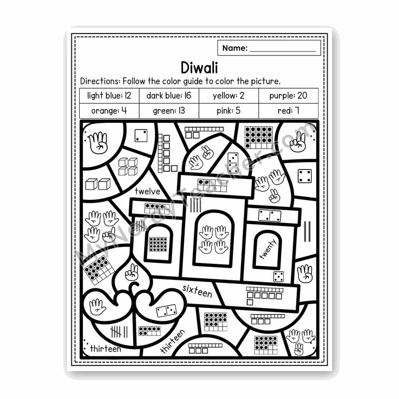 Diwali Color by Number Sense — Numbers to 20 Worksheet (Set 7)