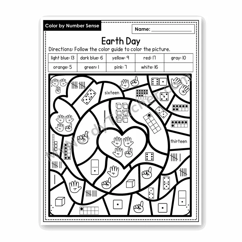 Earth Day Color by Number Sense — Numbers to 20 Worksheet (Set 3)