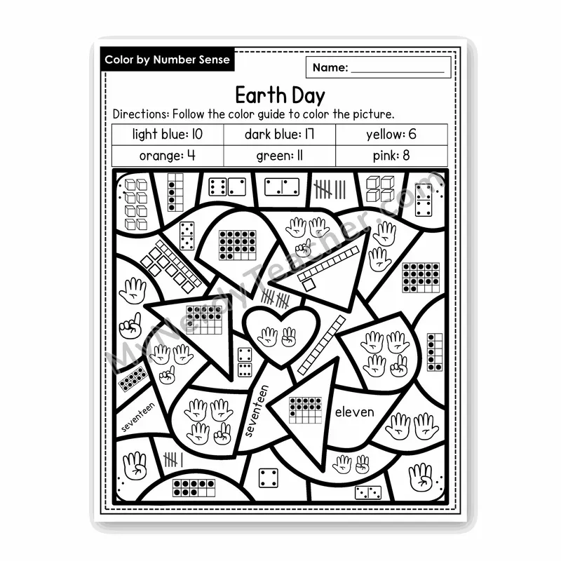 Earth Day Color by Number Sense — Numbers to 20 Worksheet (Set 6)