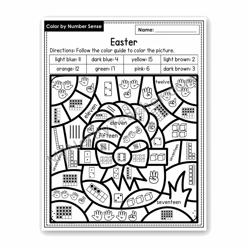 Easter Color by Number Sense — Numbers to 20 Worksheet (Set 1)