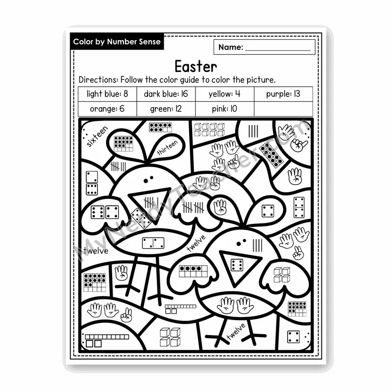 Easter Color by Number Sense — Numbers to 20 Worksheet (Set 2)