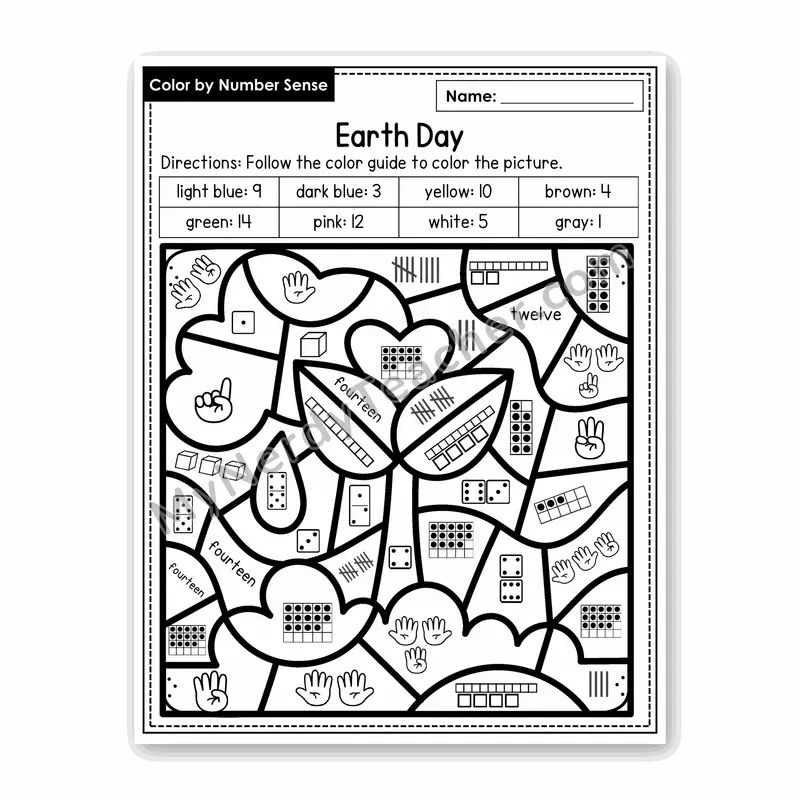 Earth Day Color by Number Sense — Numbers to 20 Worksheet (Set 5)