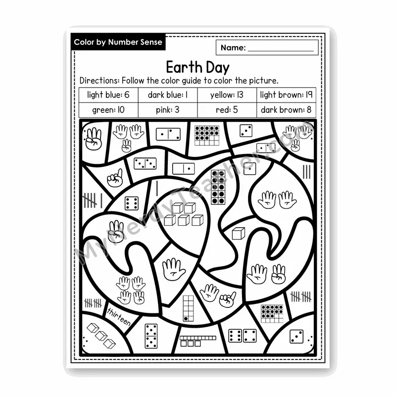 Earth Day Color by Number Sense — Numbers to 20 Worksheet (Set 4)