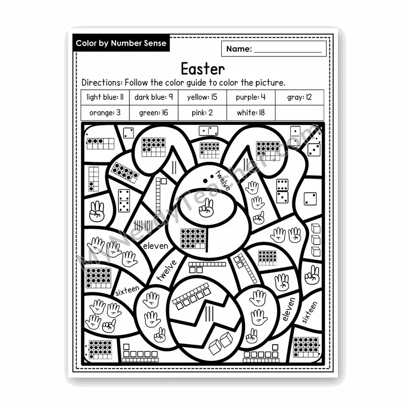 Easter Color by Number Sense — Numbers to 20 Worksheet (Set 5)