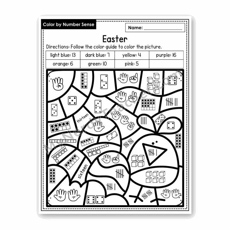 Easter Color by Number Sense — Numbers to 20 Worksheet (Set 6)
