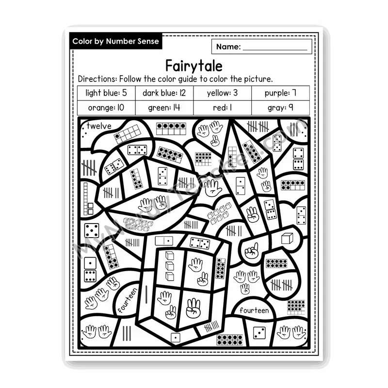 Fairytale Color by Number Sense — Numbers to 20 Worksheet (Set 1)