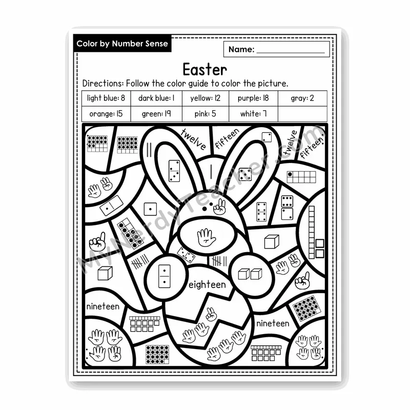 Easter Color by Number Sense — Numbers to 20 Worksheet (Set 4)