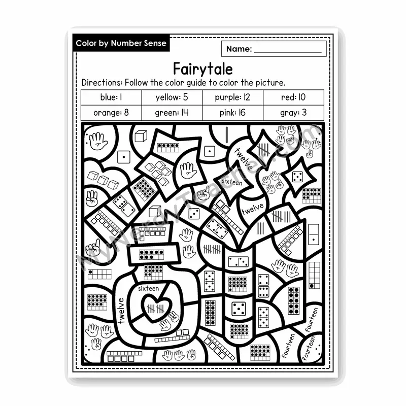Fairytale Color by Number Sense — Numbers to 20 Worksheet (Set 5)