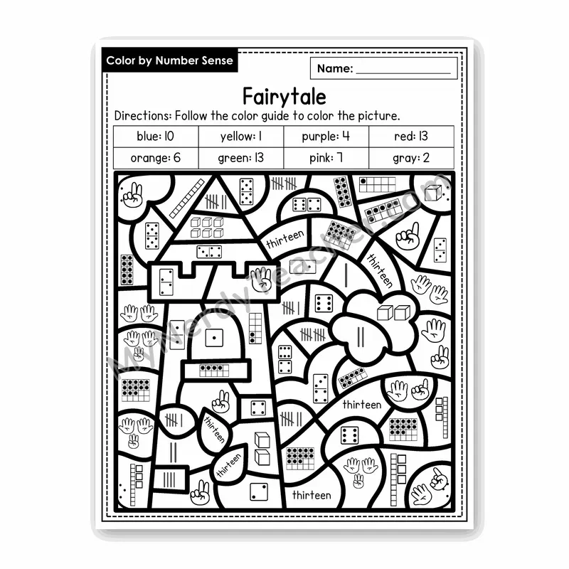 Fairytale Color by Number Sense — Numbers to 20 Worksheet (Set 2)