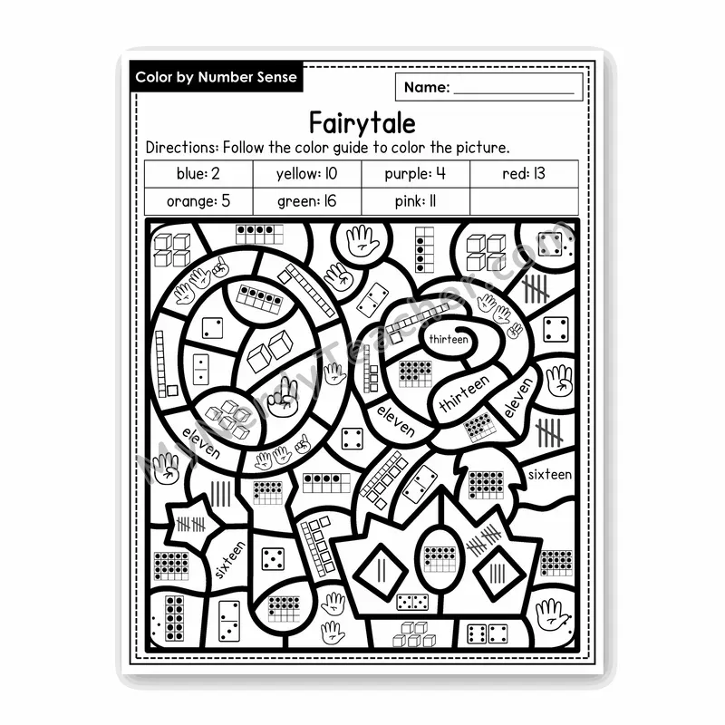 Fairytale Color by Number Sense — Numbers to 20 Worksheet (Set 3)